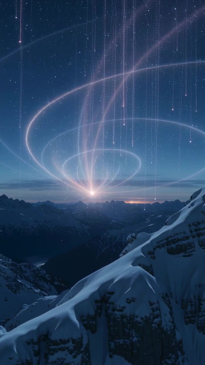 Vertical video: Rising horizon glow forming spiral rings and falling streaks above snow ridge