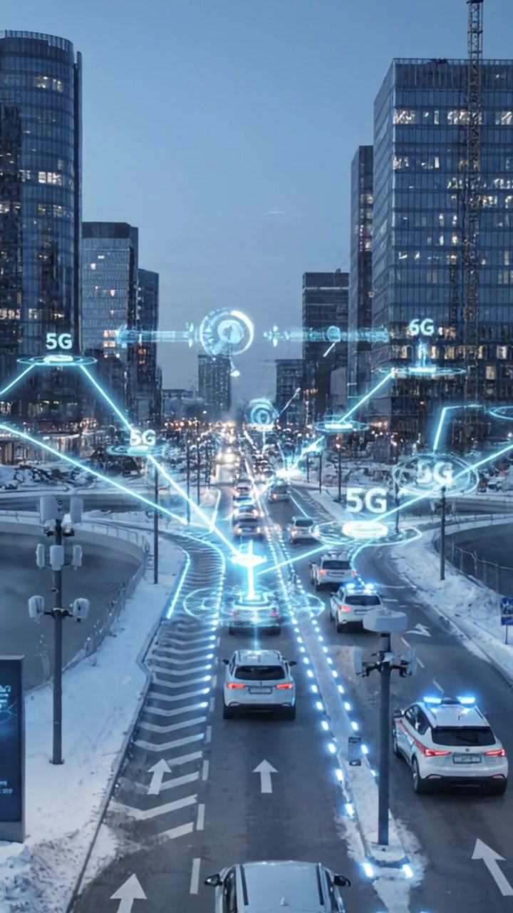 Scena di traffico urbano futuristico con auto intelligenti e connettività 5G migliorata in un paesaggio urbano invernale con grattacieli e interfacce digitali.