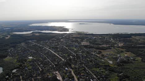 Aerial-View-of-Town-Bordering-Lakes-in-Ukraine-on-a-Sunny-Summer-Day