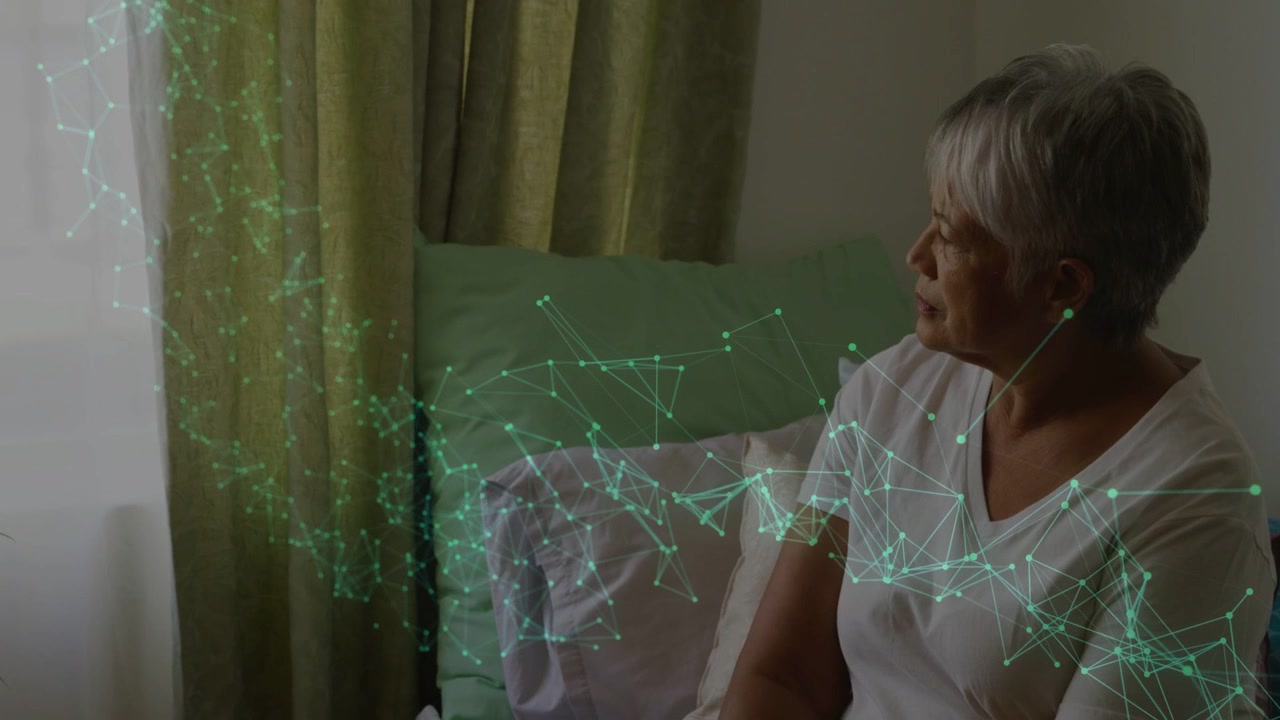 Effect starting at window, woman turning head, following green network drifting over cushions, tech
