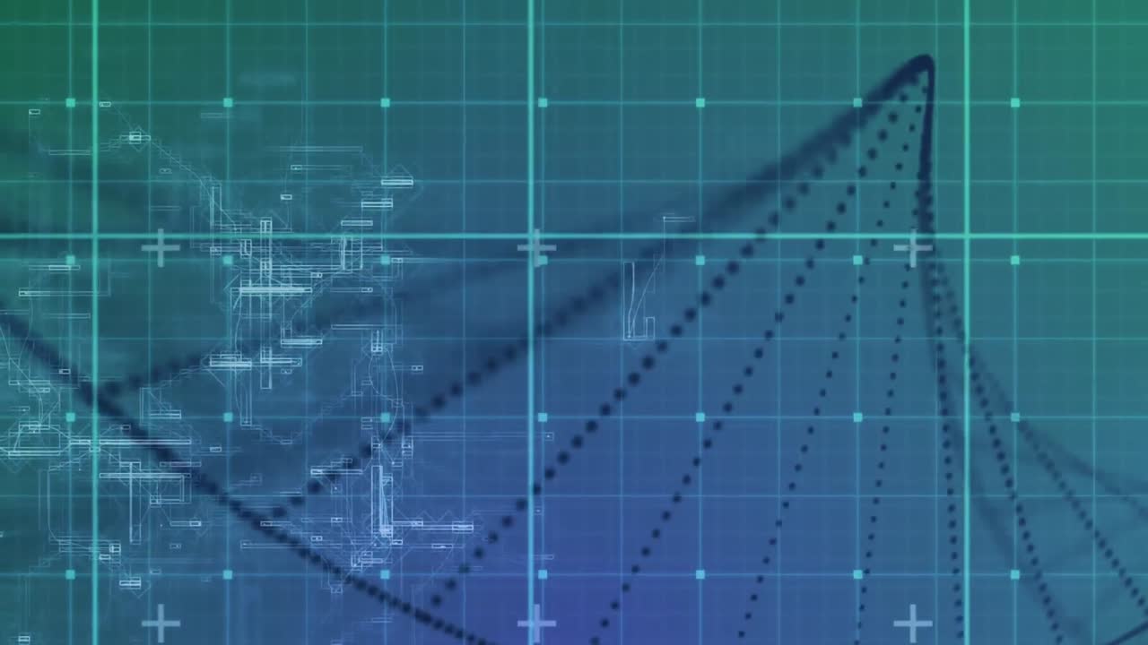 animación de partículas negras que forman una hélice sobre el procesamiento de datos en la cuadrícula verde
