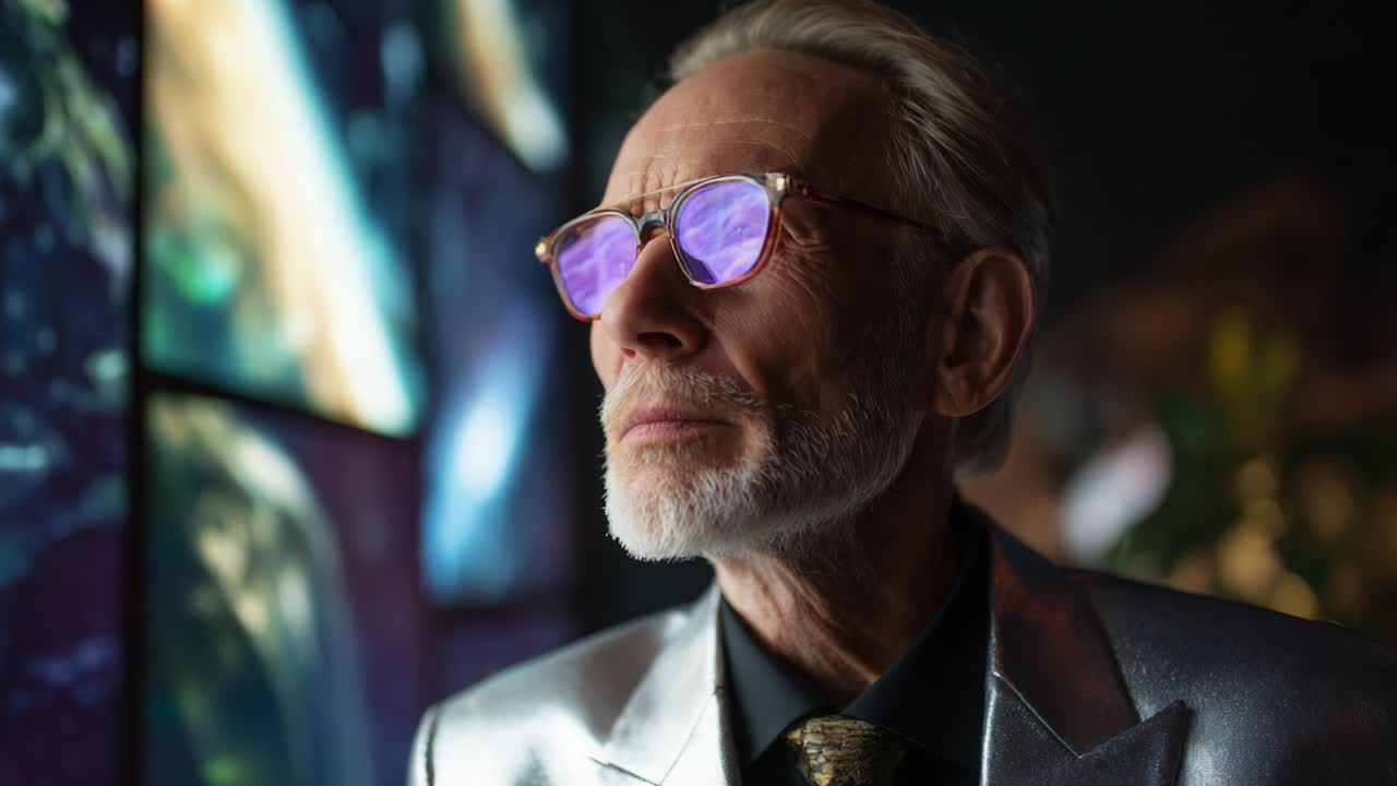 In a modern setting, an elegant older gentleman wearing stylish glasses gazes thoughtfully into the distance, surrounded by vibrant digital screens. His distinctive silver suit adds a touch of sophistication to the scene