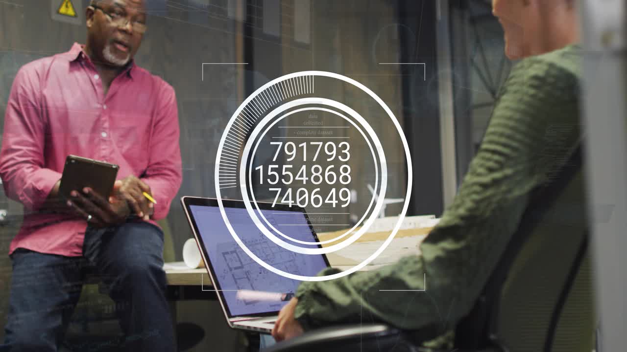 Lead tapping tablet, designer adjusting floorplan, HUD numerals cycling fading during design review