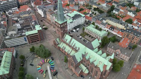 aerial pan of aarhus dome church, aarhus, denmark