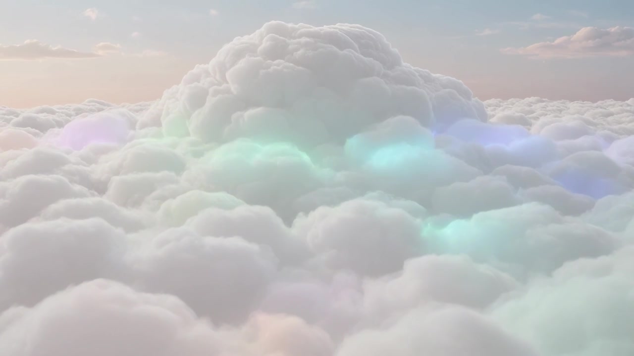 Billowing large cumulus mound revealing shifting pastel patches at high altitude in sunrise light