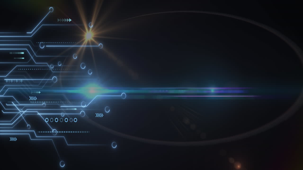 Animation of microprocessor connections and lens flare against black background