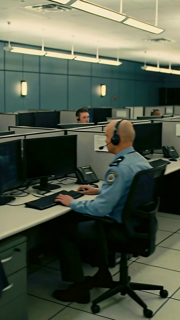 Video vertikal: Operator berseragam mengetik menggunakan keyboard dan dua layar di ruang kontrol.