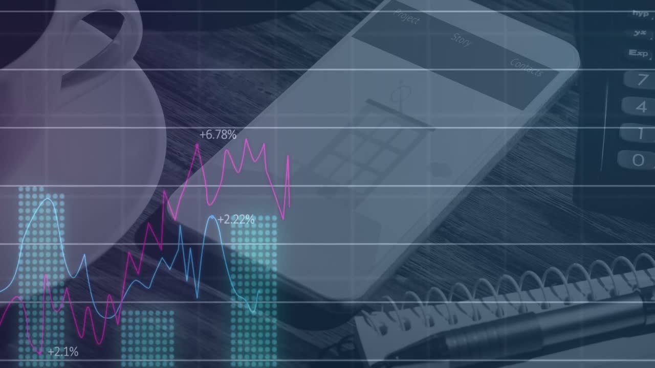 Animazione di elaborazione dati finanziari su calcolatrice