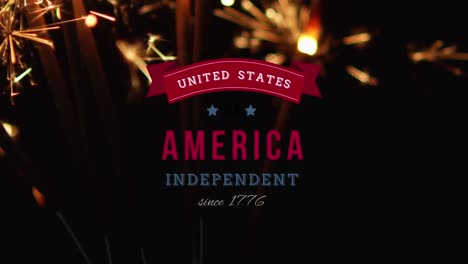 united states of america, independent since 1776 text in banner and sparkles