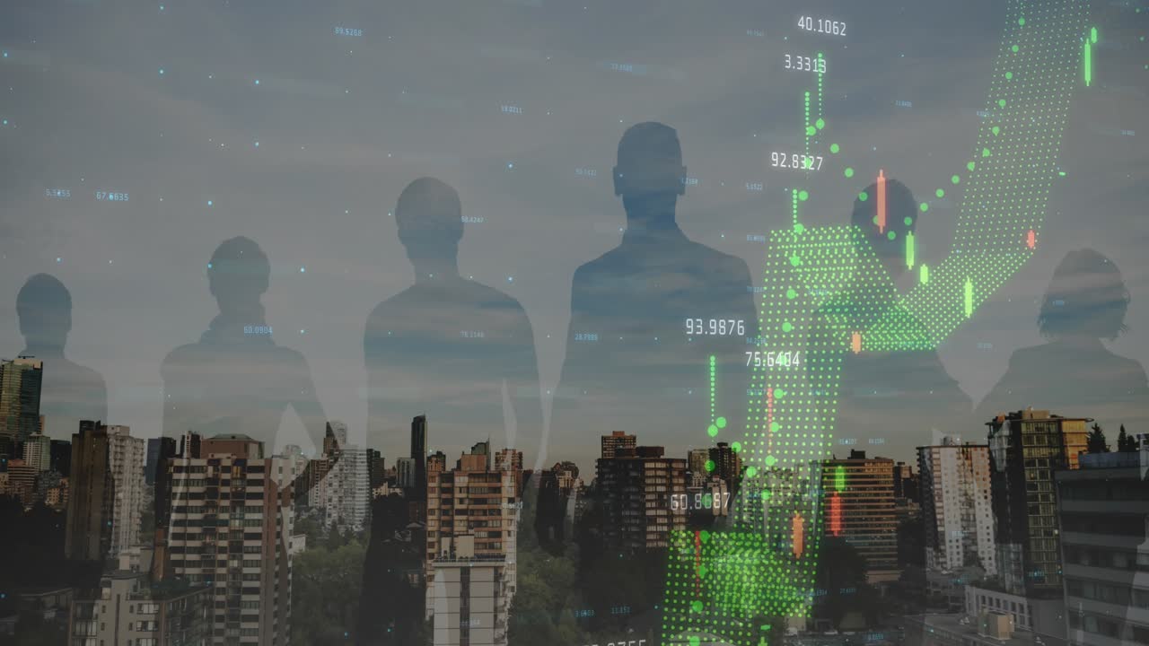 Animation of financial graphs and data over cityscape and people silhouettes