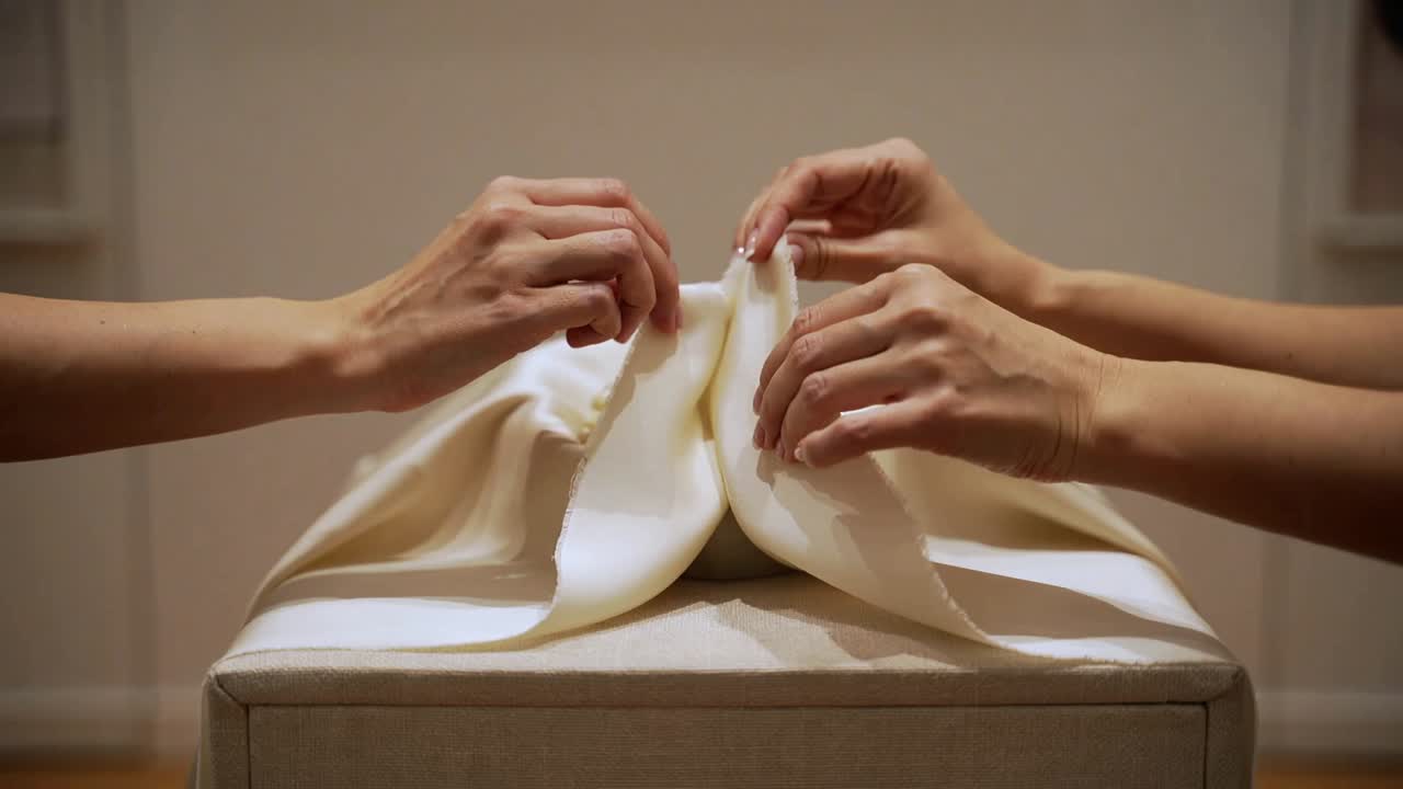 Grasping two adults' bare forearms pulling fabric on ottoman, revealing container with foam