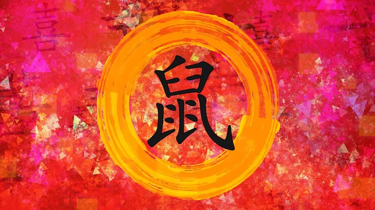Zodiaco Cinese del Ratto in Calligrafia Cinese su Sfondo Dipinto