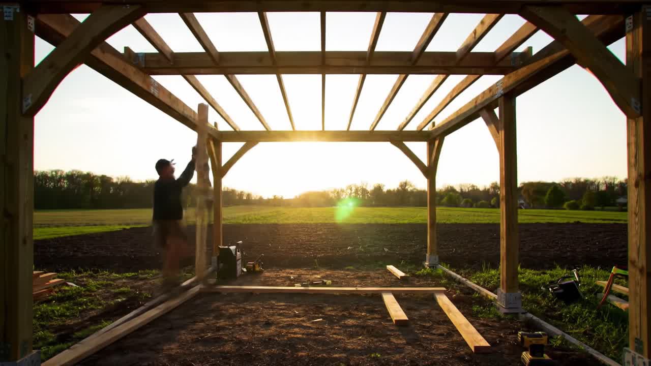 A person is constructing a wooden structure on a rural property during sunset. The warm light creates a beautiful silhouette against the backdrop of fields and trees.