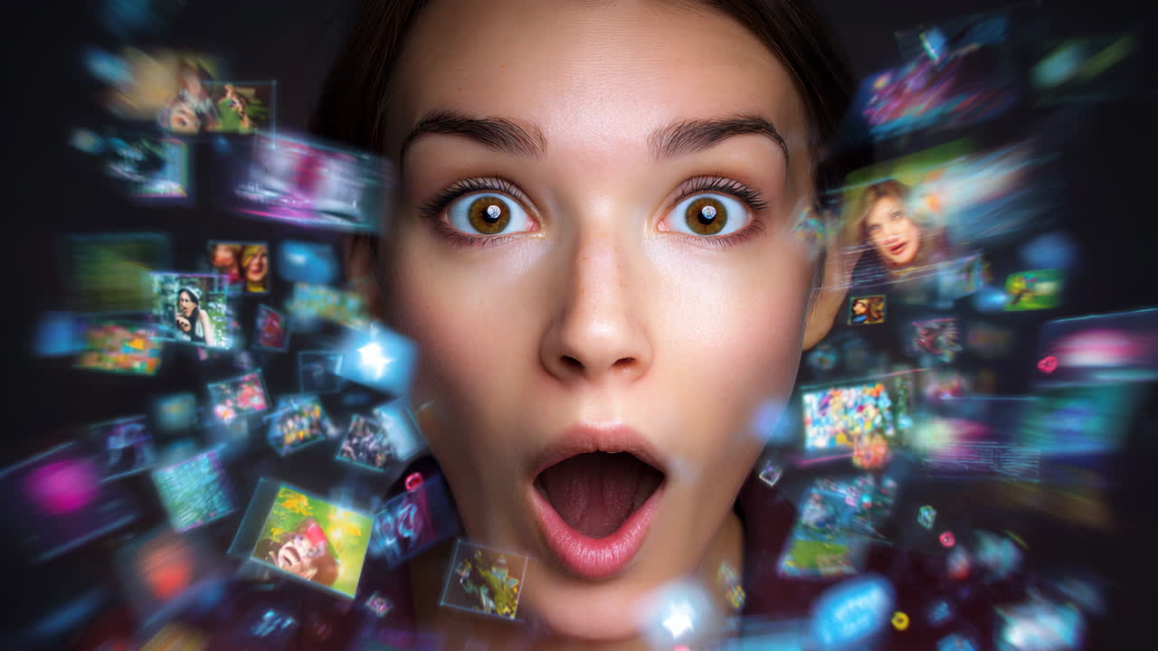 Woman awed by floating images. A woman displays surprise as colorful digital images swirl around her face, showcasing various visuals and icons