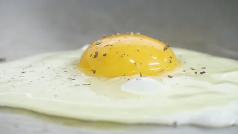 primer plano macro de un huevo frito con el lado soleado hacia arriba sazonado con pimienta