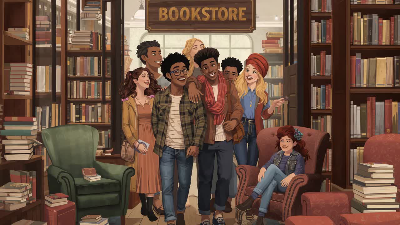 Walking friends wearing red headwrap entering under BOOKSTORE sign arranging into cluster, chatting