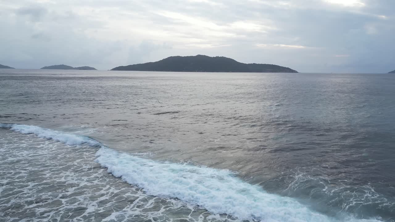 established aerial above waves in La Digue Island, Seychelles archipelago Indian Ocean