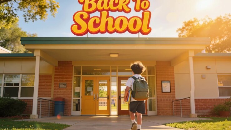 Walking child in white polo, seeing Back-To-School sign, holding books and backpack to yellow doors