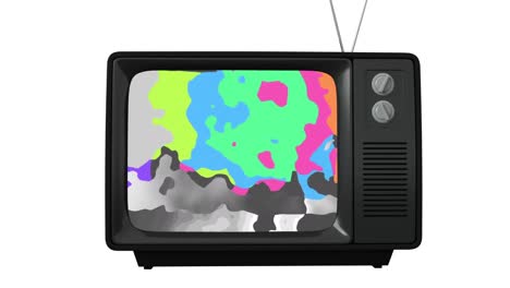 Animation-of-retro-tv-set,-with-distorted-colour-bars-on-screen,-on-white-background