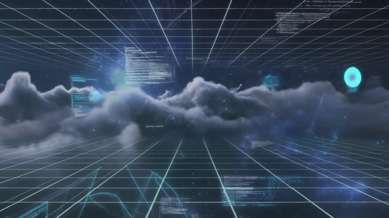 Futuristic Digital Grid with Moving Clouds and Data Flow
