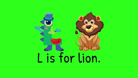 animated sequence with a playful lion and letter l on a vibrant green background, emphasizing educational content for children