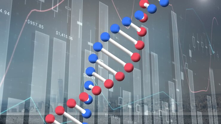 Animazione di filamento di DNA che gira, statistiche ed elaborazione di dati su paesaggio urbano