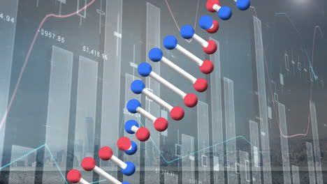 animación del hilado de cadenas de adn, estadísticas y procesamiento de datos sobre el paisaje urbano