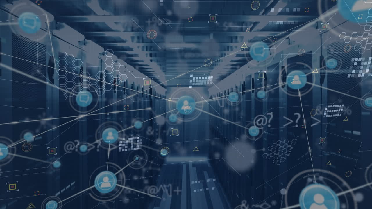 Animation of network of connections and data processing over server room