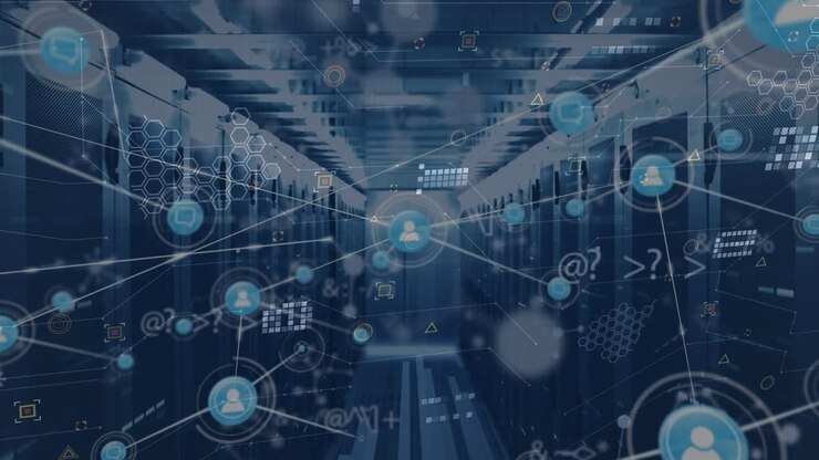 Animation of network of connections and data processing over server room