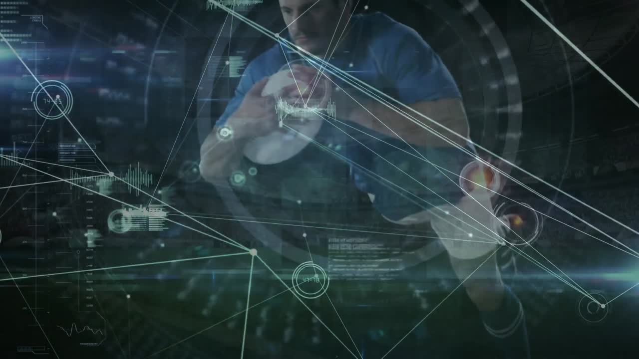 animación de diversos datos y redes de conexiones sobre el jugador de rugby caucásico masculino