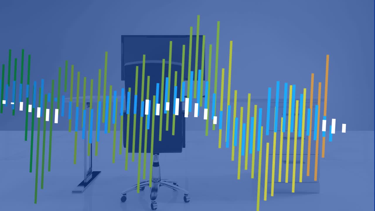 Animation of statistical data processing over 3d office desk model against blue background