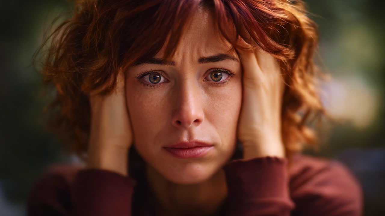 Primo piano di una giovane donna con capelli ricci che si tiene la testa, esprimendo profonde emozioni di tristezza, ansia e vulnerabilità in un ambiente sfocato
