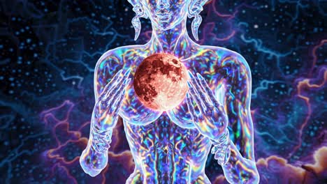 cosmic goddess holding the red moon