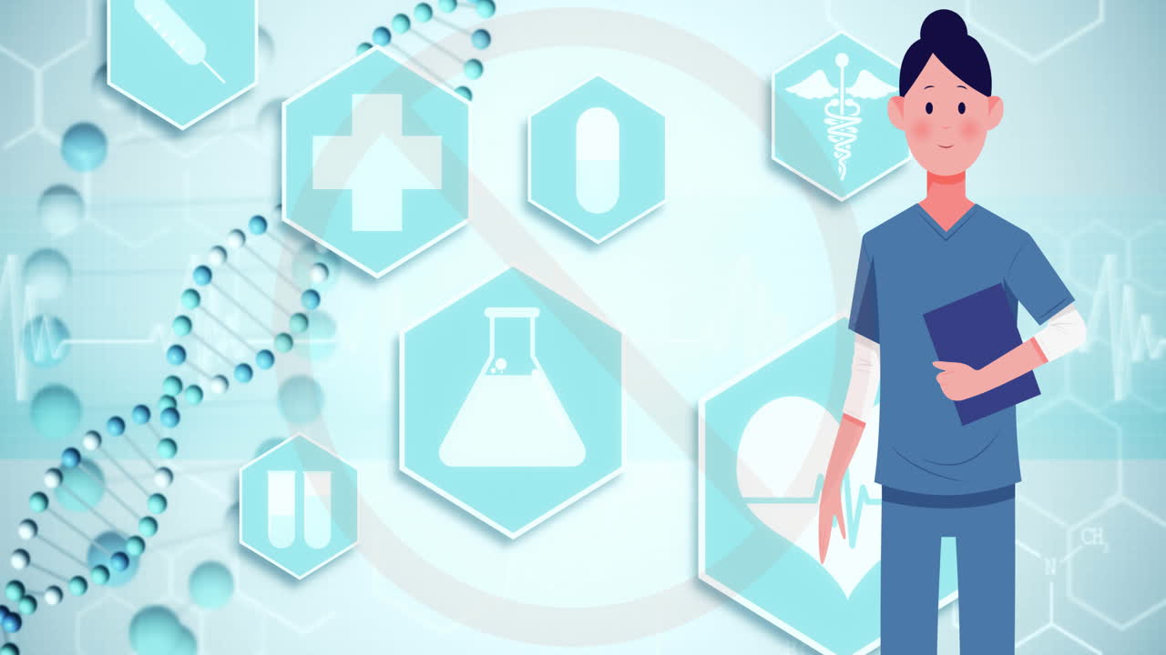 의료 아이콘 위에 여성 의사와 함께 금지 표지판의 애니메이션