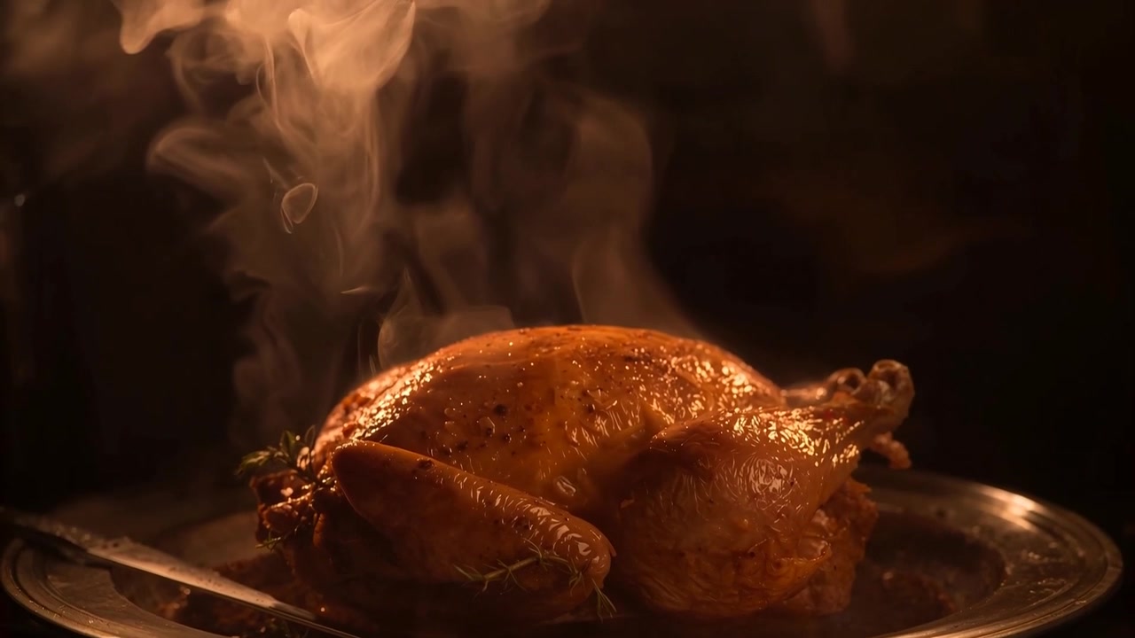 Residual heat creating rising steam, roasted bird sitting on metal platter with herbs and twine