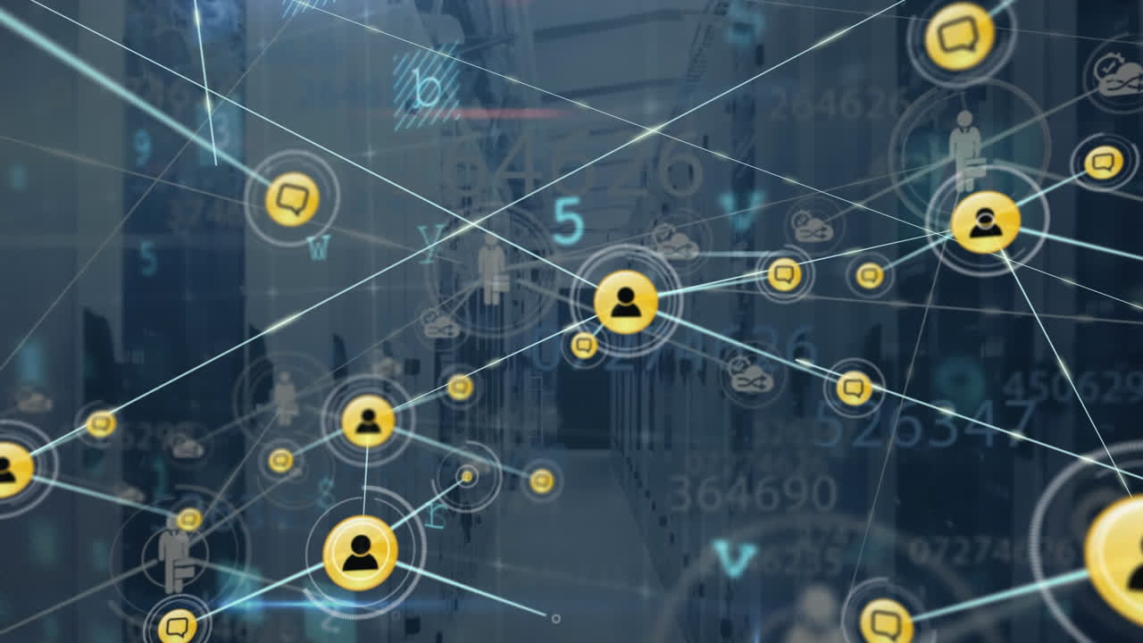 Animazione di una rete di icone digitali e elaborazione dati di sicurezza informatica su sfondo di sala server.