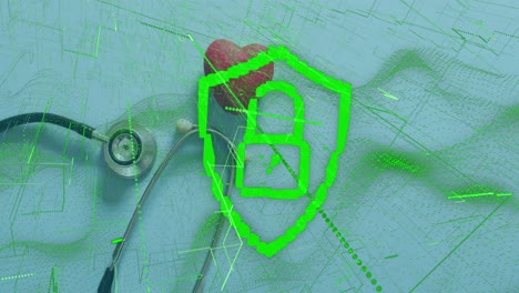 Animation-of-data-processing-and-padlock-over-heart-and-stethoscope