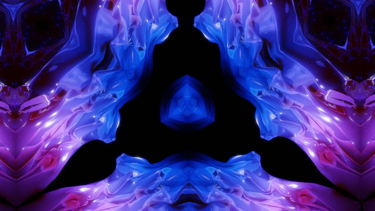 estructuras 3d simétricas abstractas con animación en bucle, gradientes de color azul púrpura suave, brillo brillante. efecto caleidoscopio con ondas fractales abstractas. hermoso bg abstracto con patrón 3d. dof