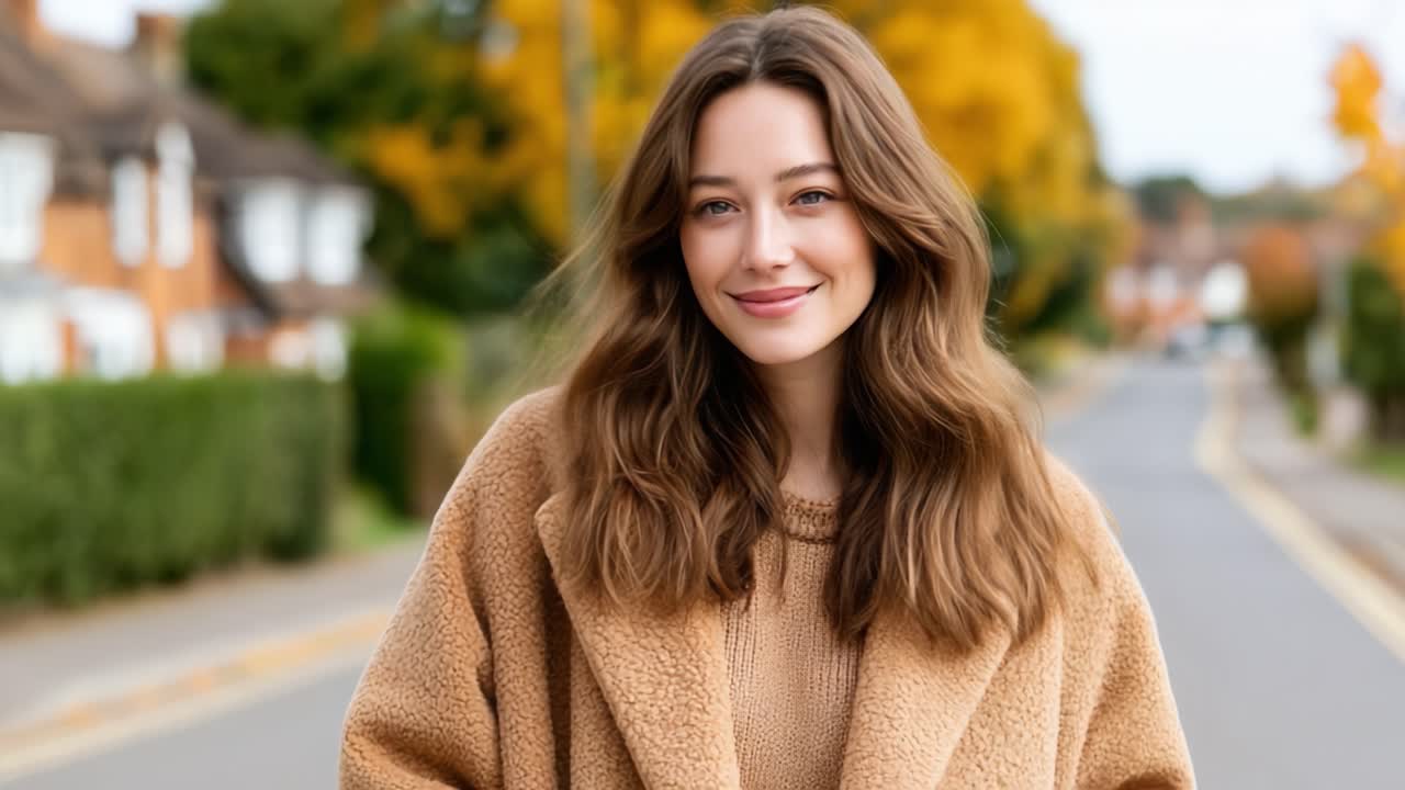 Una Giovane Donna Allegra che Sorride con un Accogliente Abito Marrone tra i Colori Autunnali su una Strada Panoramica, Irradiando Felicità e Calore in un'Ambientazione di Quartiere Invitante.