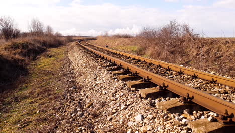 empty railroad train track steel rails, ties and gravel