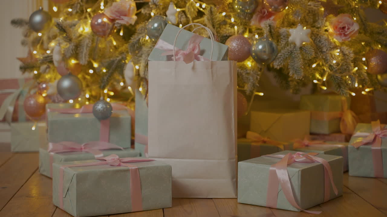 나무 아래에서 크리스마스 선물이 든 종이 가방을 손에 들고