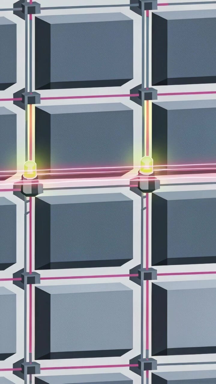 Video verticale: raggio rosa che scorre lungo il binario su un pannello a griglia in primo piano, nodi luminosi