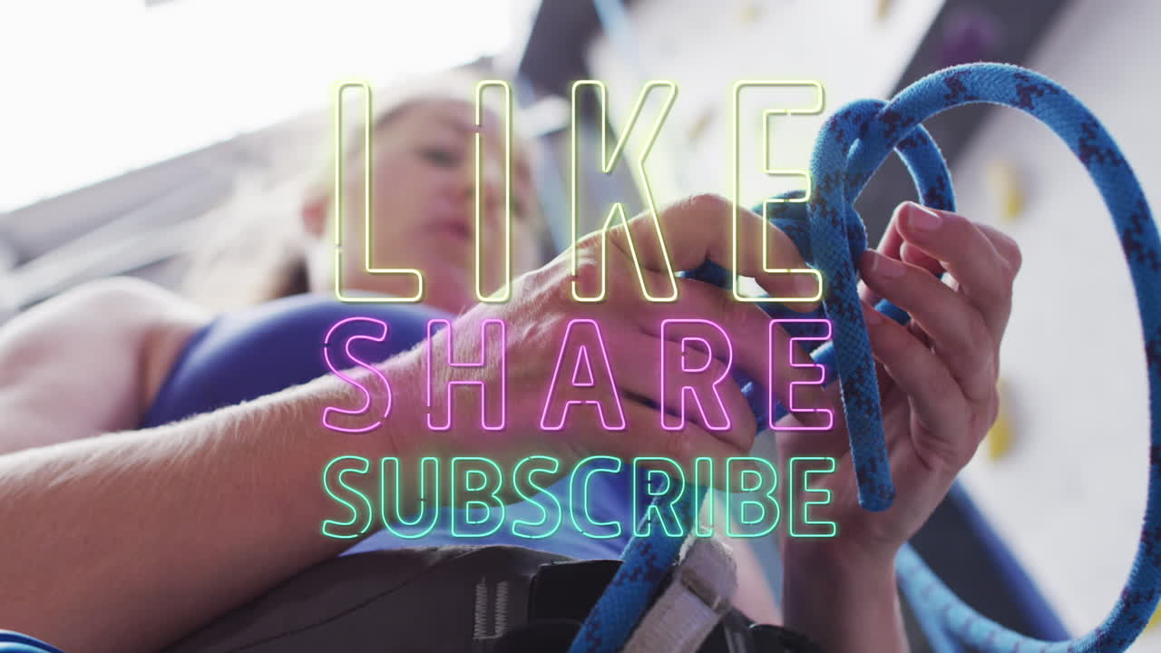 como el neón compartir suscribirse a la pancarta de texto contra la mujer caucásica en forma atando una cuerda en el gimnasio