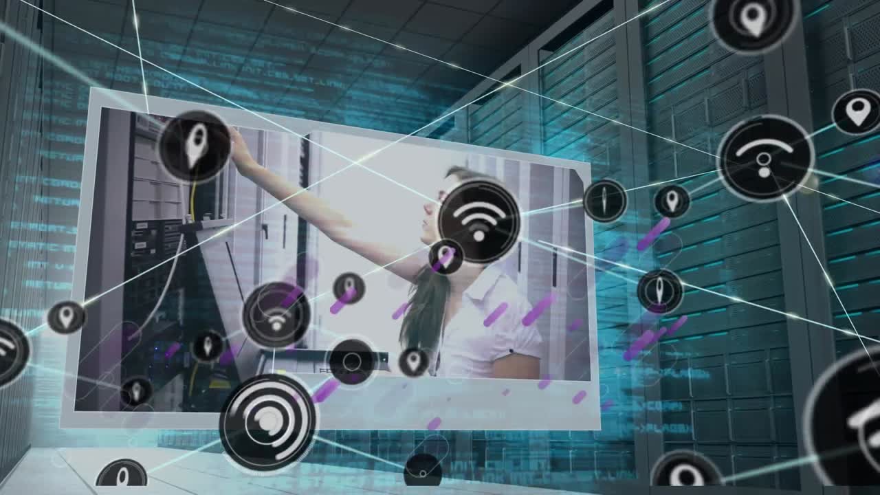 animación de líneas púrpuras y red de conexiones a través del procesamiento de datos y la sala de servidores