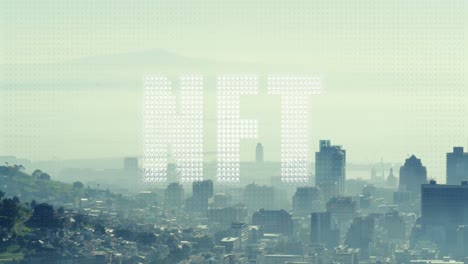 Animación-Del-Banner-De-Texto-Nft-Contra-La-Vista-Aérea-Del-Paisaje-Urbano