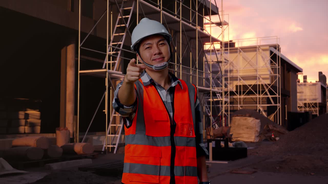 Confident Construction Worker Pointing at Camera at Sunset
