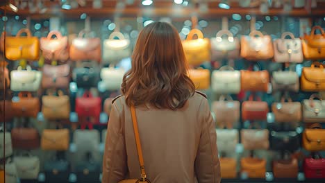 woman admiring a display of colorful handbags in a store
