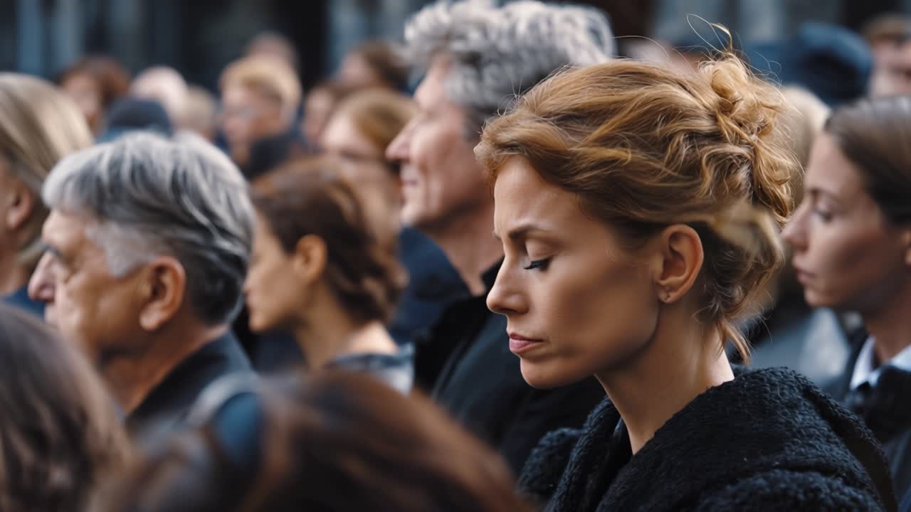 Una donna concentrata siede tra la folla, con un'espressione pensierosa. Indossa un cappotto scuro, i capelli delicatamente acconciati. Le persone intorno a lei sembrano attente, silenziosamente coinvolte.