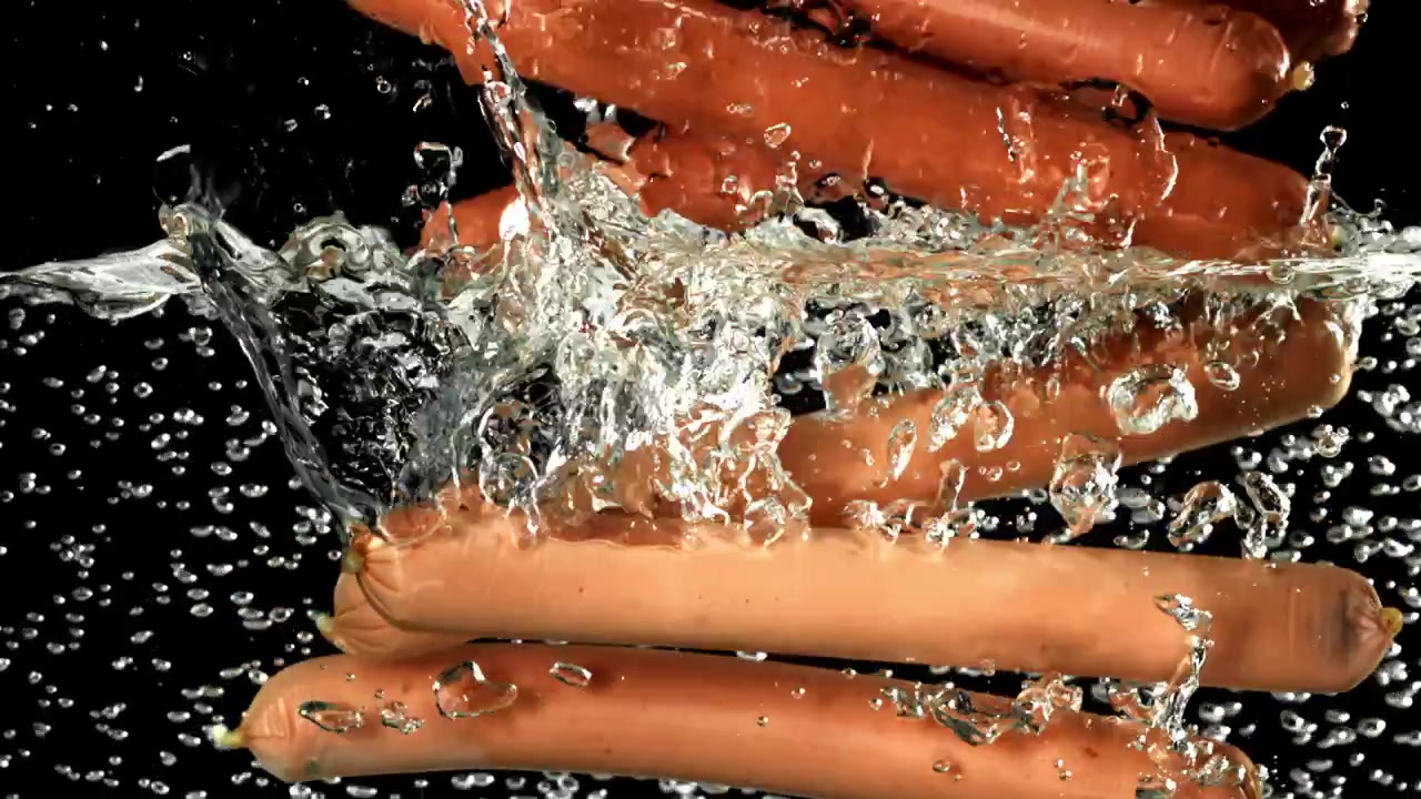 Sausages Dropping into Water with Splashes and Bubbles in Slow Motion