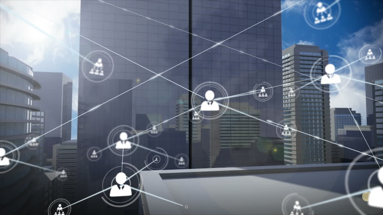 고층 건물의 공중 시야에 대한 프로필 아이콘 및 조명 지점 네트워크의 애니메이션